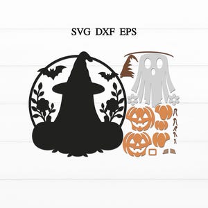May include: A digital design file set labeled SVG DXF EPS featuring a black silhouette of a witch hat, bats, flowers, and pumpkins inside a circular frame, alongside separate orange and white graphic elements including a ghost and jack-o'-lanterns.