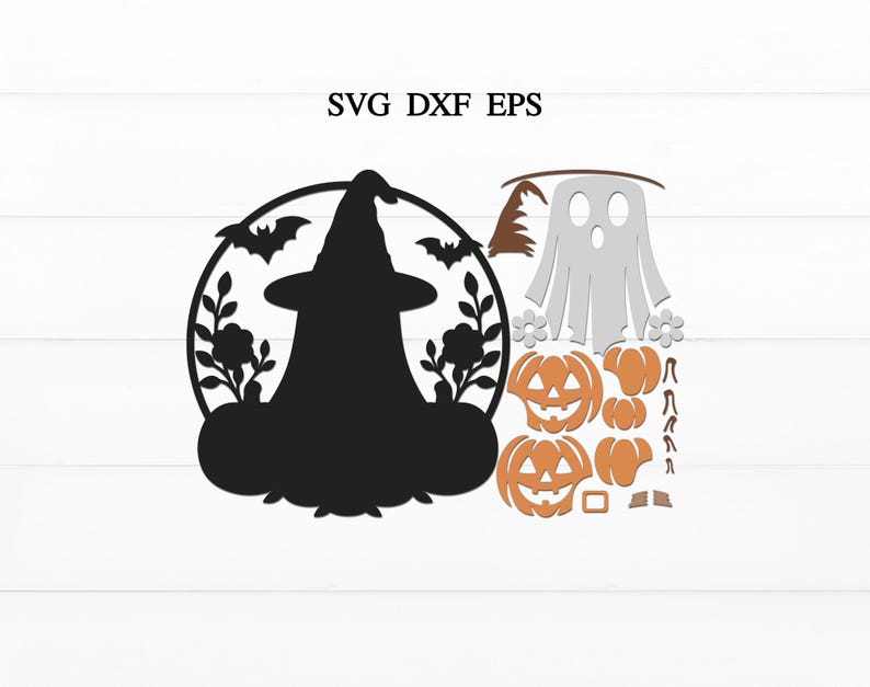 May include: A digital design file set labeled SVG DXF EPS featuring a black silhouette of a witch hat, bats, flowers, and pumpkins inside a circular frame, alongside separate orange and white graphic elements including a ghost and jack-o'-lanterns.