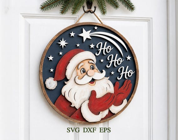 HoHoHo Santa SVG, Christmas Door Hanger SVG, Christmas Welcome Sign, Laser Cut File, Glowforge xTool CNC, Round Sign, Santa Sign, dxf eps