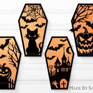 Halloween Coffins Svg Bundle, Pumpkin Coffin Svg, Black Cat Coffin, Spooky House Coffin Svg, Halloween Decor, Glowforge Svg, File for Cricut