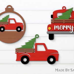 Camion di Natale in formato Svg, decorazioni natalizie, Glowforge in formato Svg, buon Natale in formato Svg, camion rosso albero di Natale in formato Svg, palla di Natale, ornamento di Natale