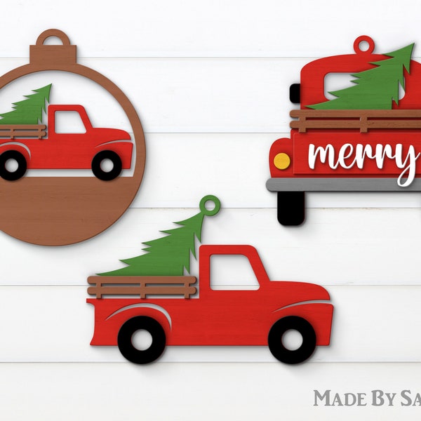 Christmas Truck Svg, Weihnachtsdekoration, Glowforge Svg, Frohe Weihnachten Svg, Roter LKW Weihnachtsbaum Svg, Weihnachtskugel, Weihnachtsschmuck