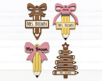 Teacher Christmas Ornament Svg Bundle, Pencil and Bow Laser Cut Files, Glowforge Teacher Gift Svg, School Ornament Svg, Digital Download
