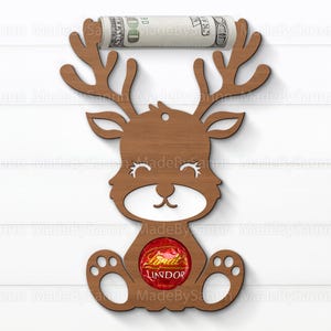 Graziosa renna porta cioccolato fermasoldi in formato Svg, segno di denaro ornamento natalizio, Natale Glowforge in formato Svg, porta regalo in denaro in formato Svg, renna in formato Svg