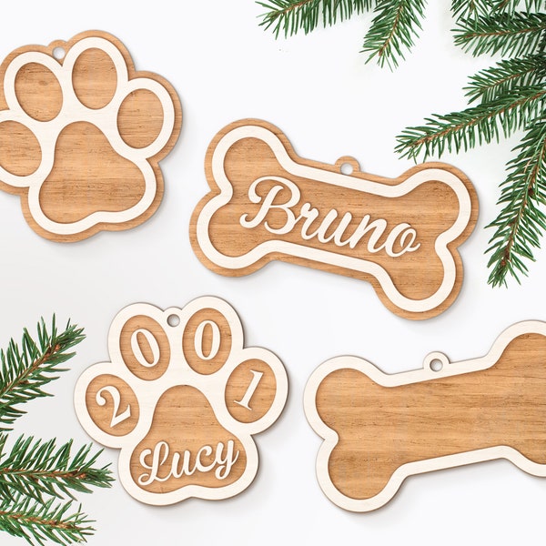 Paw Ornament SVG, Personalized Pet SVG, Dog Ornament Svg, Glowforge files, Christmas Tree Ornaments SVG, Laser Cut File, Dog Paw Svg