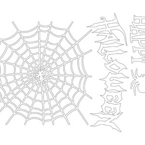 May include: A black and white line drawing of a spider web with the words "Happy Halloween" written in a stylized font.