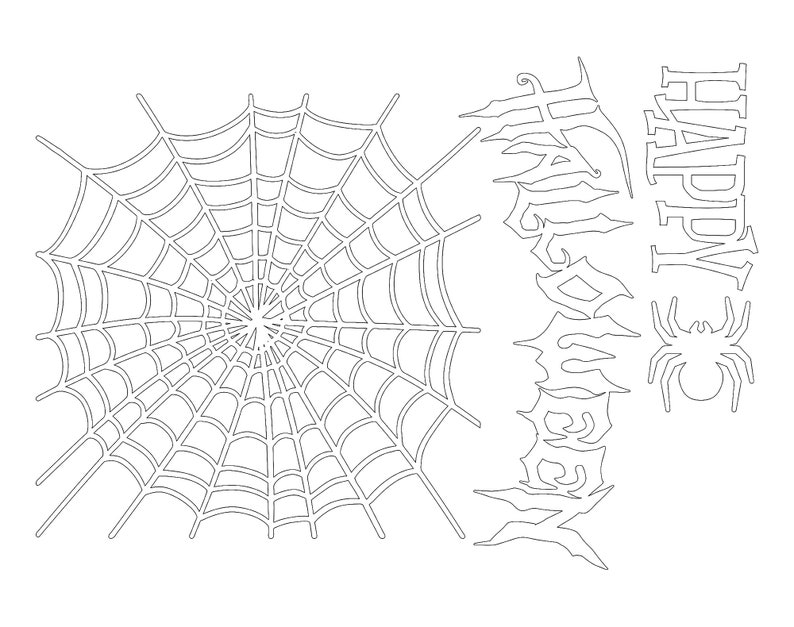 May include: A black and white line drawing of a spider web with the words "Happy Halloween" written in a stylized font.