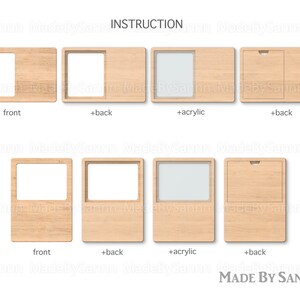 May include: Instruction diagram showing how to assemble a wooden picture frame. The frame has a front, back, and acrylic insert. The diagram shows the frame in different stages of assembly, with the front, back, and acrylic insert shown separately.