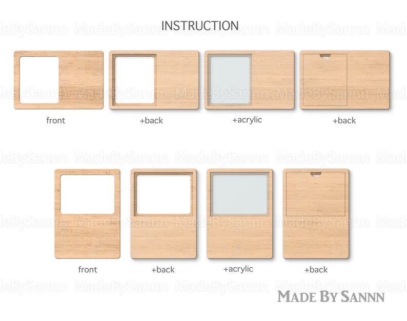 May include: Instruction diagram showing how to assemble a wooden picture frame. The frame has a front, back, and acrylic insert. The diagram shows the frame in different stages of assembly, with the front, back, and acrylic insert shown separately.