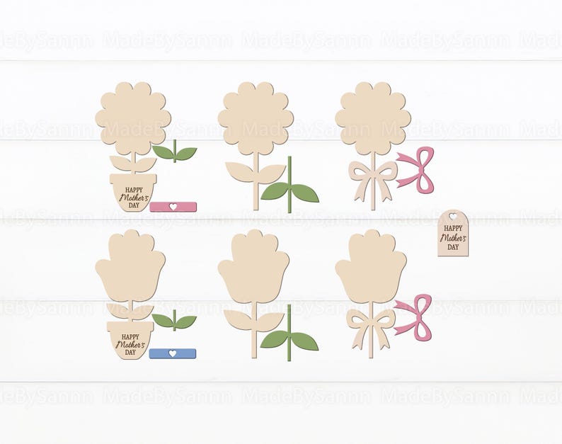 May include: Wooden flower cutouts with stems, leaves, and bows. Some flowers are in pots with "Happy Mother's Day" text. Pink and blue accents are included. A small tag also says "Happy Mother's Day".