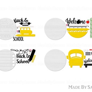 May include: Four printable designs for back to school. The designs feature a yellow school bus, a pencil, an apple, and the words "Back to School" and "Welcome".