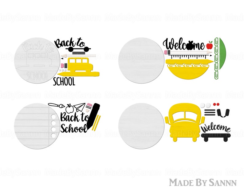 May include: Four printable designs for back to school. The designs feature a yellow school bus, a pencil, an apple, and the words "Back to School" and "Welcome".