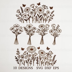 Pacchetto SVG di prati di fiori selvatici, SVG di fiori selvatici e farfalle, SVG di regali per la festa della mamma, SVG di fiori di legno, SVG di Glowforge, SVG di taglio laser, SVG di primavera