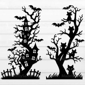 Könnte beinhalten: Schwarze Silhouette eines Spukhauses mit einem unheimlichen Baum und Fledermäusen sowie eine separate Silhouette eines Baumes mit fünf schwarzen Katzen, die auf Ästen sitzen.