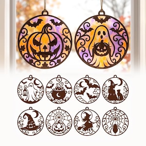 May include: A collection of circular wooden ornaments featuring intricate laser-cut Halloween designs including pumpkins, ghosts, bats, witches, cauldrons, and spiders. Two ornaments are displayed with colourful translucent backings.