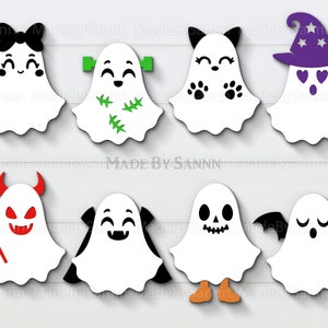 Puede incluir: Una colección de ocho recortes blancos con forma de fantasma con varios diseños temáticos de Halloween. Cada fantasma tiene una cara y accesorios únicos, incluyendo un lazo, pernos de Frankenstein, orejas de gato, un sombrero de bruja y alas de murciélago.