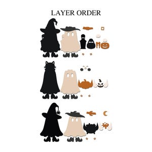 May include: A set of layered craft cutouts labeled LAYER ORDER, featuring black silhouettes of a witch, a cat, and a ghost, alongside beige ghost shapes, orange pumpkins, a black cauldron, a spider, a crescent moon, and small square accents.