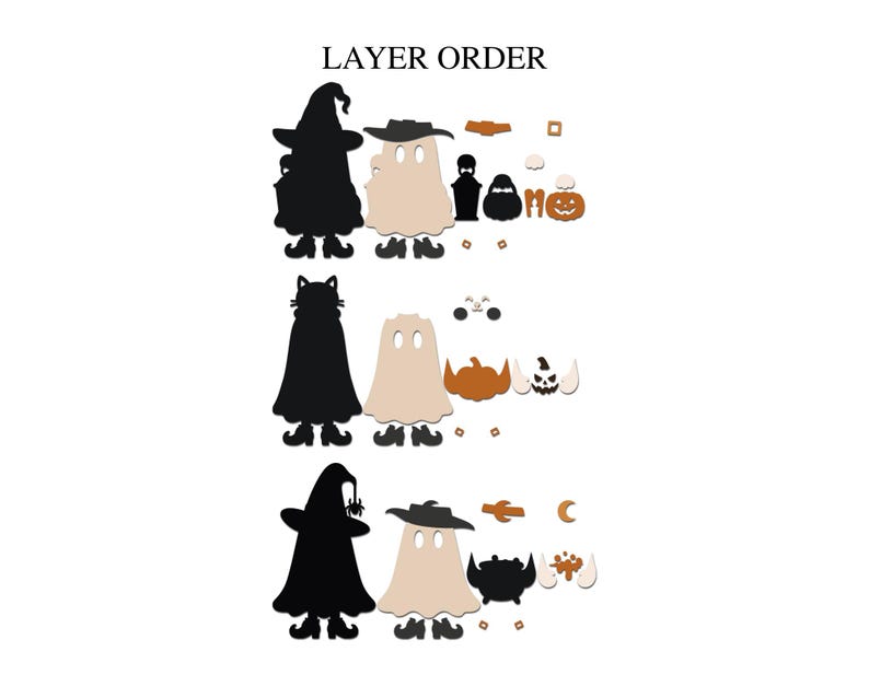 May include: A set of layered craft cutouts labeled LAYER ORDER, featuring black silhouettes of a witch, a cat, and a ghost, alongside beige ghost shapes, orange pumpkins, a black cauldron, a spider, a crescent moon, and small square accents.