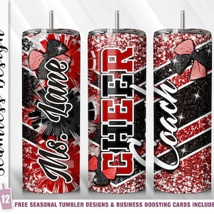 Cheer Coach PNG Cheerleader RED and Black Tumbler wrap 20 oz Skinny Tumbler Sublimation Template Straight Tapered Design Digital Download