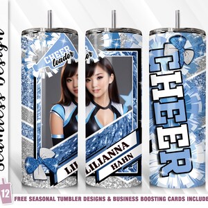 Cheer Card Tumbler Wrap PNG Foto toevoegen 20 oz Skinny Tumbler Wrap Sublimatie Lichtblauw Naam toevoegen Tumbler Wrap Cheerleader Geschenken voor Team