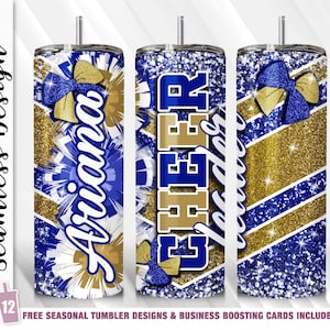 Blue Gold Cheer Tumbler Wrap Cheerleader Tumbler 20 oz Skinny Tumbler Sublimation Template Straight Tapered Digital Download Gift Cheer