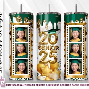 Gobelet photo pour l'obtention du diplôme senior 2025 PNG 2025 Gobelet mince 20 oz sublimation modèle de conception cadeau de remise des diplômes or et vert diplômé