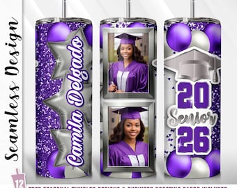 2026 Senior Graduation PNG add Name Photo Tumbler Wrap 20oz Skinny Tumbler Sublimation Design Template PURPLE Graduate Gift