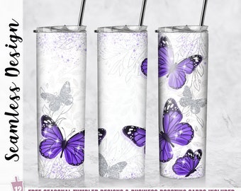 Butterfly Tumbler Wrap PNG Purple 20 oz Skinny Tumbler Sublimation Design Template/ Straight Tapered Design Digital Download Girl Gifts