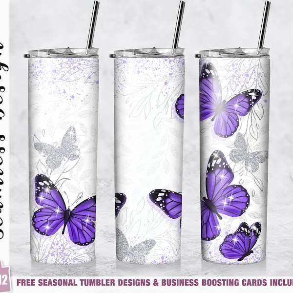 Butterfly Tumbler Wrap PNG Purple 20 oz Skinny Tumbler Sublimation Design Template/ Straight Tapered Design Digital Download Girl Gifts