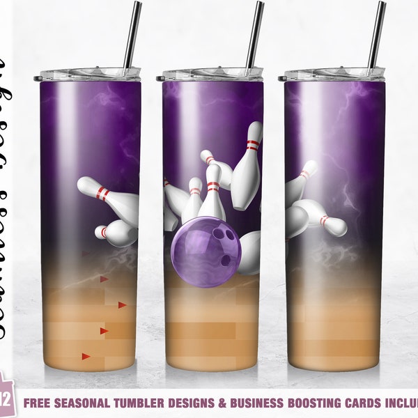 Bowling Seamless Tumbler Wrap Strike Purple 20oz Skinny Tumbler Sublimation Design Template Straight/Tapered Download PNG Bowling Gift