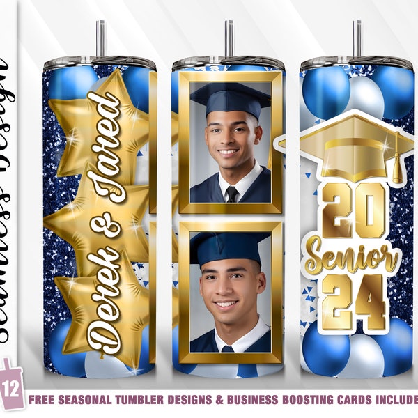 2024 Senior Graduation PNG add name Photo Tumbler Wrap 20oz Skinny Tumbler Sublimation Design Template NAVY Graduation Gift Graduate