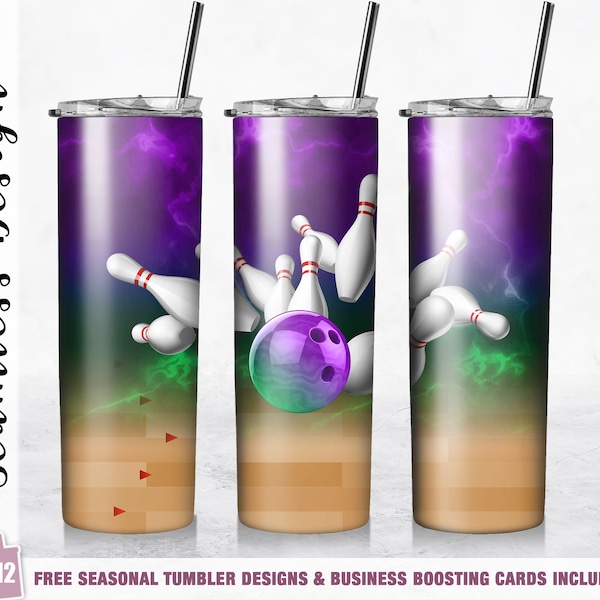 Bowling Seamless Tumbler Wrap Strike Purple Green 20oz Skinny Tumbler Sublimation Design Template Straight/Tapered Download PNG Bowling Gift