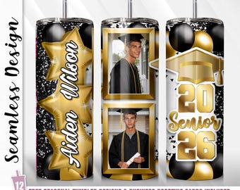 2026 Senior Graduation Tumbler Wrap PNG | Add Name & Photo | 20 oz Skinny Sublimation Design | Editable Black Gold Graduation Gift