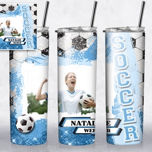 Voetbal foto Tumbler Wrap PNG licht blauwe voetbal kaartsjabloon 20 oz Tumbler sublimatie ontwerpsjabloon rechte taps toelopende meisjes voetbal geschenken