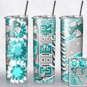 Teal Blue Cheer Tumbler Cheerleader Wrap 20 oz Skinny Tumbler Sublimation Template Straight Tapered Design Digital Download Cheer Gift