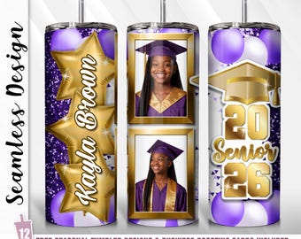 2026 Senior Graduation Tumbler Wrap PNG | Personalized Photo Name 20 oz Skinny Tumbler Sublimation Design | PURPLE Gift Graduate