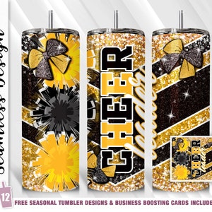 Black Yellow Cheer Tumbler Wrap Cheerleader Tumbler 20 oz Skinny Tumbler Sublimation Template Straight Tapered Digital Download Gift Cheer