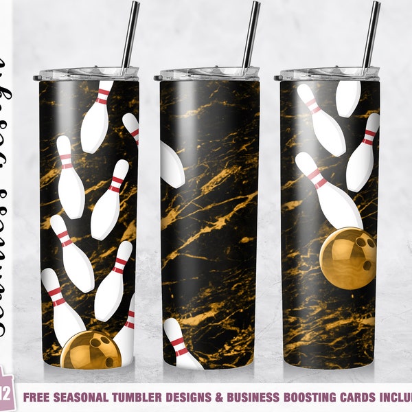 Bowling Tumbler Wrap PNG Gold Marble Ball 20 oz Skinny Sublimation Design Template Straight/Tapered Digital Download Bowling Gift