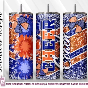 Cheer Coach Tumbler Wrap 20 oz Skinny Orange Blue Tumbler Sublimation Template Straight Tapered Digital Download Cheer Coach Gifts