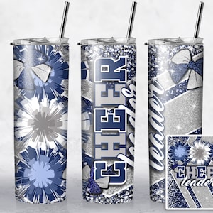 Cheer Tumbler Design Navy Silver Cheerleader Tumbler Wrap 20 oz Skinny Tumbler Sublimation Template Straight Tapered Design Digital Download
