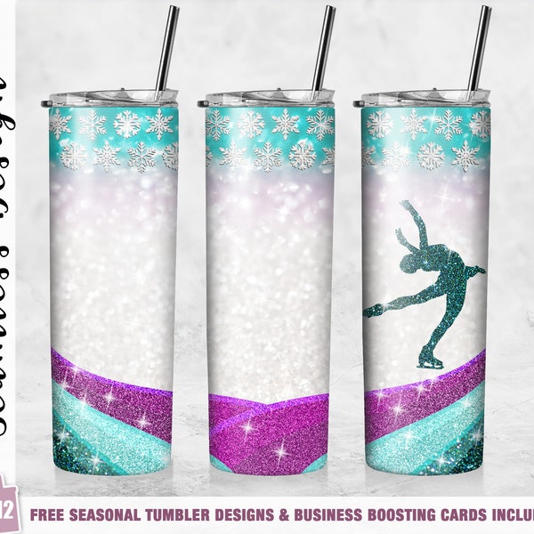 Personalized - Figure Skater (Fuschia Teal) 20 oz Skinny Tumbler Sublimation Design Template Straight/Tapered Design Digital Download PNG