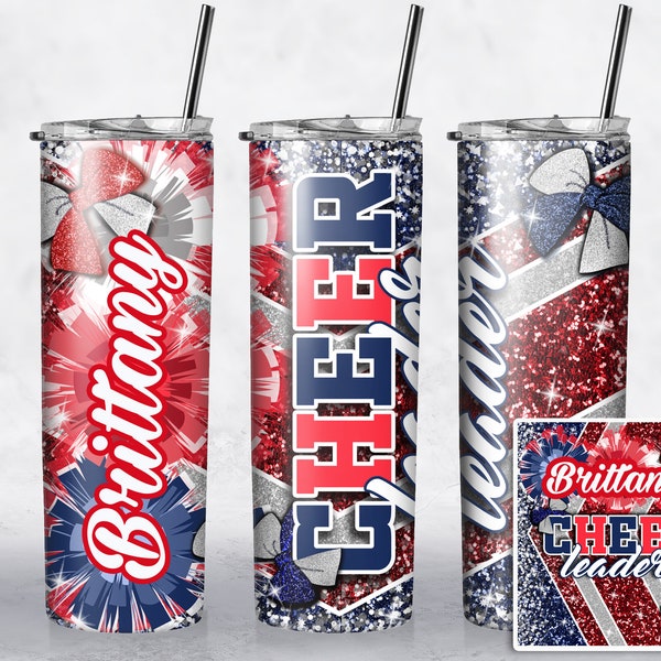 Red White Navy Cheer Tumbler Wrap PNG 20oz Skinny Tumbler Sublimation Template Straight Tapered Design Digital Download Gift Cheer PNG