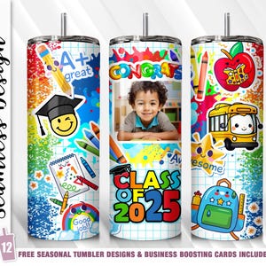 Pré-K Graduação Jardim de Infância Graduação Classe 2025 Adicionar Foto Tumbler Wrap PNG 20oz Skinny Tumbler Sublimação Design Template Kid Formatura Presente