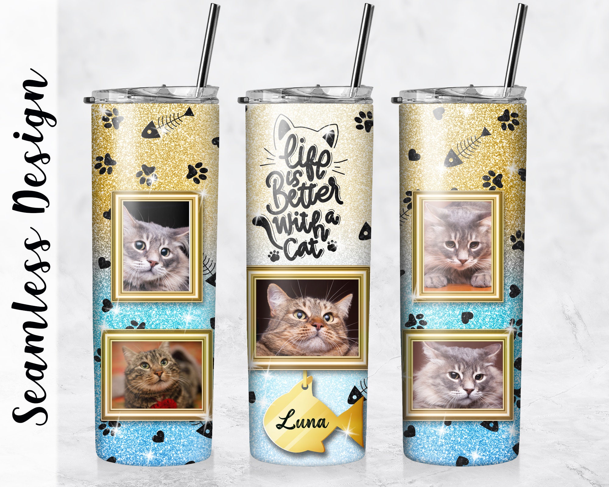 Life is Better With a Cat Gold Blue 20 Oz Skinny Photo Etsy