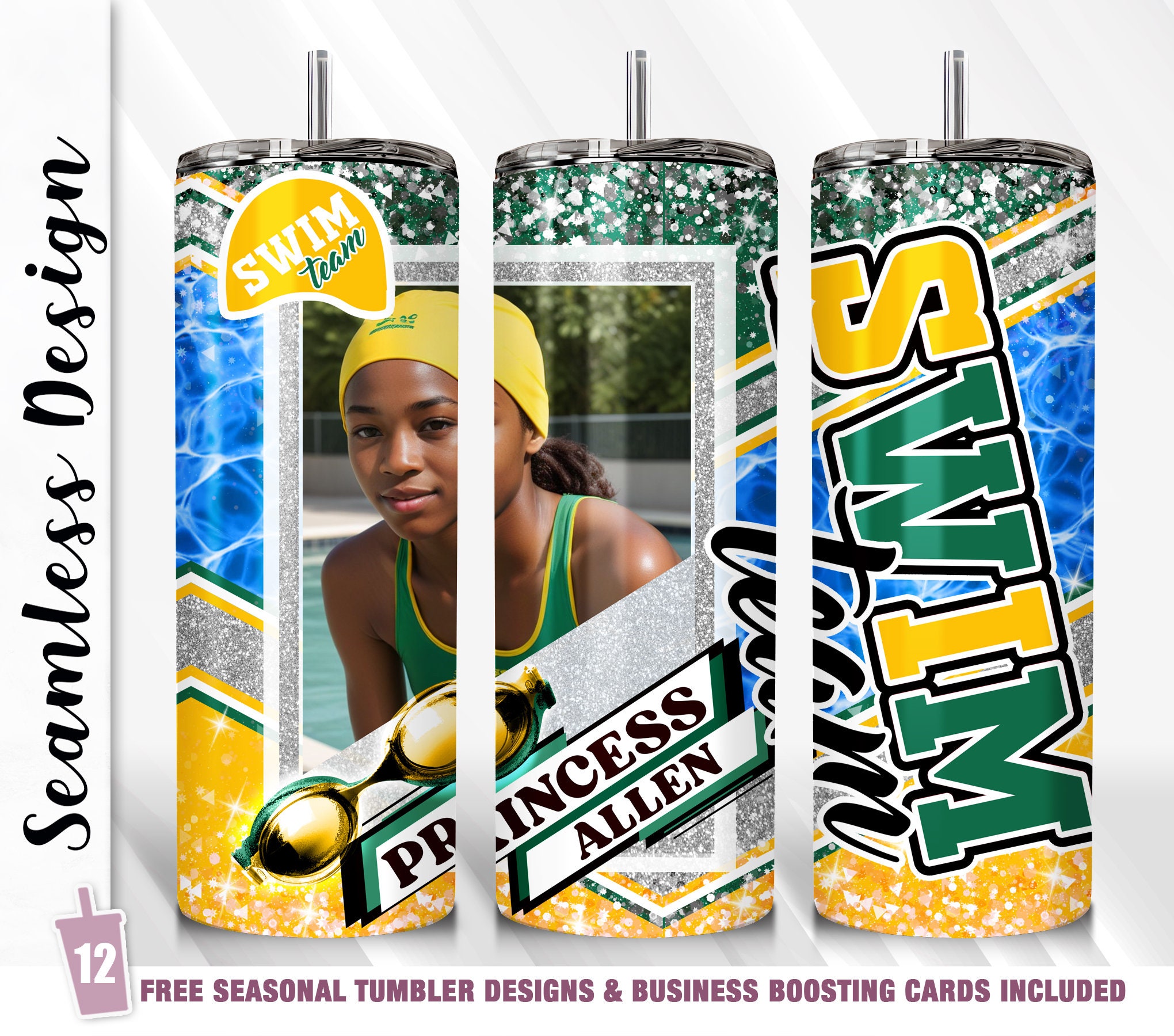 Swim Tumbler Photo Wrap PNG 20oz Skinny Swimmer Tumbler Sublimation Template Design Yellow Green Swimmer Gift for Swim Team