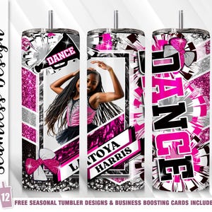 May include: A pink and black tumbler with a dance theme. The tumbler features a photo of a young dancer with the text "L/TOYA HARRIS" and "DANCE".