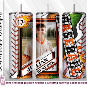 Baseball Tumbler Wrap Add Photo 20 oz Skinny Tumbler Sublimation Design Template Straight Tapered Design Digital PNG Baseball Player Gift