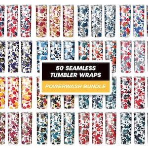 Puede incluir: Cincuenta envolturas de vaso sin costuras en un paquete de lavado a presión. Las envolturas presentan una variedad de patrones de salpicaduras coloridas en tonos de azul, rojo, amarillo y gris.