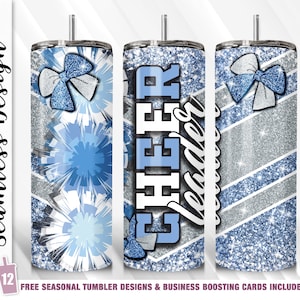 Cheer Tumbler Cheerleader Wrap 20 oz Skinny Tumbler Sublimation Template Straight Tapered Design Digital Download Light Blue Cheer Gift