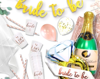 All-in-One Bachelorette Party Decorations Kit || Bridal Shower Supplies Decor || Rose Gold Fringe, Sash, Banner, Veil, Balloons & Cups